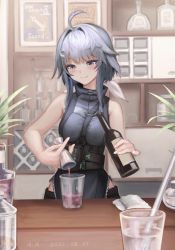 Rule 34 | 1girl, ahoge, aia (pixiv15077492), alcohol, arknights, bartender, black eyes, black hair, black pants, black shirt, bottle, breasts, cup, drinking straw, hair intakes, hair ornament, hairclip, highres, holding, holding bottle, indoors, la pluma (arknights), pants, pouring, shirt, short hair, sleeveless, sleeveless shirt, small breasts, smile, solo
