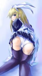 Rule 34 | 1girl, all fours, apron, artist request, ass, ass focus, black dress, black thighhighs, blonde hair, blue eyes, character request, clothes lift, copyright request, dress, from behind, garter straps, hair ribbon, lingerie, long hair, looking at viewer, looking back, maid, maid apron, panties, purple background, ribbon, skirt, skirt lift, source request, thighhighs, underwear, white apron, white panties