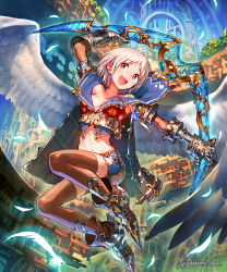 Rule 34 | 10s, 1girl, arm up, armor, armored boots, belt, boomerang, boots, braid, breasts, brown thighhighs, character request, company name, crop top, feathers, full body, gauntlets, grey hair, highres, holding, medium breasts, midriff, navel, official art, okada manabi, outstretched arm, red eyes, sailor collar, shadowverse, shingeki no bahamut, short hair with long locks, shorts, side braid, solo, thighhighs, watermark, white wings, wings