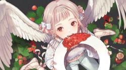 Rule 34 | 1girl, angel, angel wings, blonde hair, blush, bow, cherico, commentary, denim, double bun, eating, eating halo, flats, food, footwear ribbon, from above, fruit, hair bow, hair bun, halo, halo removed, highres, holding halo, imminent bite, jam, jar, jeans, looking away, medium hair, midriff, navel, off-shoulder shirt, off shoulder, open mouth, original, pants, plant, red eyes, shirt, sidelocks, signature, sitting, smile, solo, strawberry, symbol-only commentary, teeth, thick eyebrows, wariza, wings
