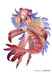 Rule 34 | 1girl, anomalocaris, brown eyes, facial tattoo, fangs, flat chest, full body, looking at viewer, monster girl, official art, scales, solo, standing, tail, tattoo, teeth, white background, yuba no shirushi, yuzu shio