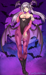 Rule 34 | 1girl, animal print, bat (animal), bat print, bat wings, black clover, black dress, black footwear, black leotard, black wings, boots, bow, breasts, bridal gauntlets, cleavage, clothing cutout, cosplay, demon girl, demon wings, dress, elbow gloves, female focus, finger to mouth, full body, funsumstar, gloves, halloween, halloween costume, hand on own thigh, head wings, heart, heart cutout, highres, large breasts, leotard, looking at viewer, moon, morrigan aensland, morrigan aensland (cosplay), night, noelle silva, pantyhose, pink gloves, pink pantyhose, purple bow, purple eyes, purple wings, seductive smile, signature, smile, smirk, solo, thick thighs, thighs, twintails, vampire (game), white hair, wings