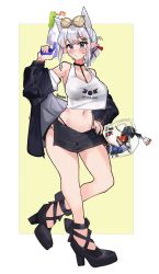 Rule 34 | absurdres, auraaa, blush, breasts, eyewear on head, high heels, highres, jacket, jacket partially removed, large breasts, legs, loose clothes, lorel (auraaa), md5 mismatch, midriff, original, pointy ears, pout, sweat, tank top, thick thighs, thighs, water gun, white hair, white tank top