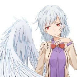 Rule 34 | 1girl, angel wings, bow, bowtie, braid, breasts, bright pupils, brooch, brown jacket, chinese commentary, closed mouth, commentary request, dress, feathered wings, grey hair, hair between eyes, highres, idaku, jacket, jewelry, kishin sagume, long sleeves, looking to the side, medium breasts, purple dress, red bow, red bowtie, red eyes, short hair, simple background, single wing, solo, touhou, upper body, white background, wings