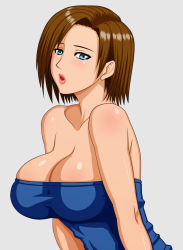 Rule 34 | 1girl, bare shoulders, blue eyes, blush, body blush, breasts, brown hair, capcom, cleavage, female focus, highres, jill valentine, large breasts, makani kohitujito, resident evil, resident evil 3: nemesis, short hair, simple background, solo, strapless, tube top