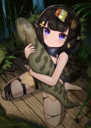 Rule 34 | 1girl, absurdres, arknights, barefoot, black hair, blue eyes, eunectes (arknights), flareza, flower, forest, goggles, goggles on head, hair flower, hair ornament, highres, nature, plant, pointy ears, sitting, smile, snake tail, solo, stuffed animal, stuffed snake, stuffed toy, tail, thigh strap, thighs, torn clothes, torn legwear, tsuchinoko, wariza, wooden floor, aged down