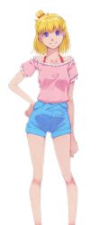 Rule 34 | 1girl, akinbo (hyouka fuyou), asahina mirai, blonde hair, blue shorts, bra strap, collarbone, frilled shirt, frills, hair ornament, hand on own hip, highres, looking at viewer, mahou girls precure!, one side up, pink shirt, precure, purple eyes, shirt, short hair, short shorts, short sleeves, shorts, simple background, smile, solo, standing, white background