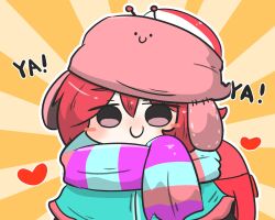 Rule 34 | 1girl, backpack, bag, blue capelet, blush, capelet, chibi, closed mouth, commentary request, hair between eyes, heart, highres, looking at viewer, original, outline, pink eyes, red hair, scarf, smile, solo, striped clothes, striped scarf, sunburst, sunburst background, uni souchou, white outline