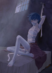 Rule 34 | 1boy, barefoot, bdsm, bed, blue hair, feet, full body, indoors, ma na roo, male focus, pop&#039;n music, prison, red eyes, solo, tagme, toes, trap