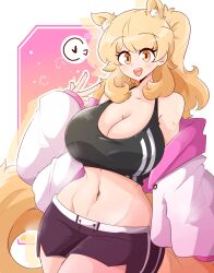 Rule 34 | 1girl, animal ear fluff, animal ears, arknights, ashy (dankestsin), black bra, black shorts, blemishine (arknights), blonde hair, bra, breasts, cleavage, commentary, english commentary, heart, highres, horse ears, horse tail, jacket, large breasts, linea alba, long hair, looking at viewer, midriff, navel, off shoulder, open clothes, open jacket, open mouth, ponytail, short shorts, shorts, solo, spoken heart, sports bra, tail, underwear, w, white jacket, yellow eyes