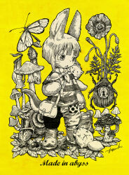 Rule 34 | 1other, acorn, animal, animal ears, asymmetrical pants, bag, basket, beetle, body fur, boots, bug, commentary request, copyright name, creature, creature on shoulder, flower, full body, furry, greyscale with colored background, hand up, holding, holding basket, holding mushroom, horizontal pupils, insect, leaf, looking at creature, made in abyss, mitty (made in abyss), mushroom, nanachi (made in abyss), neckerchief, neritantan, on shoulder, open mouth, oversized animal, pants, pitcher plant, plant, shirt, short hair, short sleeves, shoulder bag, signature, snail, solo, standing, striped clothes, striped shirt, t-shirt, tail, tsumiki yuu, whiskers, yellow background