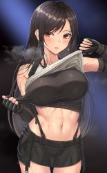 Rule 34 | 1girl, absurdres, arm guards, bare shoulders, belt, black bra, black gloves, black hair, black skirt, blush, bra, breasts, clothes lift, earrings, elbow gloves, elbow pads, final fantasy, final fantasy vii, final fantasy vii remake, fingerless gloves, gloves, highres, jewelry, large breasts, long hair, looking at viewer, low-tied long hair, navel, nemunemu semi, red eyes, shirt, shirt lift, skirt, solo, sports bra, suspender skirt, suspenders, sweat, tank top, taut clothes, taut shirt, thighs, tifa lockhart, underwear, very sweaty, white tank top