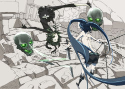 Rule 34 | 10s, 2girls, absurdres, bad id, bad pixiv id, bare shoulders, battle, bikini, bikini top only, black hair, black rock shooter, black rock shooter (character), blue hair, boots, chain, dead master, debris, glowing, glowing eyes, green eyes, highres, horns, knee boots, long hair, multiple girls, o0o, shorts, sketch, skull, swimsuit, sword, twintails, very long hair, weapon