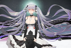 Rule 34 | 1girl, absurdres, azur lane, between breasts, black background, black dress, breasts, cleavage, clenched teeth, corset, cowboy shot, detached collar, dress, flight deck, floating hair, formidable (azur lane), frilled dress, frills, hair ribbon, highres, large breasts, long hair, looking at viewer, off-shoulder dress, off shoulder, orange eyes, ribbon, silver hair, skirt hold, solo, symbol-shaped pupils, teeth, turret, twintails, uyuyuun