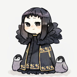 Rule 34 | 1girl, baby penguin, bird, black coat, black dress, black eyes, black hair, chibi, closed mouth, coat, commentary request, dress, fur-trimmed coat, fur trim, harvest fes, library of ruina, long dress, medium hair, open clothes, open coat, penguin, project moon, simple background, smile, solo, white background, zena (project moon)