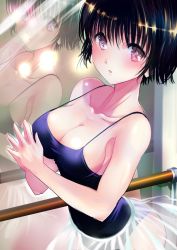 Rule 34 | 1girl, absurdres, arched back, bare arms, bare shoulders, black hair, black leotard, breasts, cleavage, collarbone, cowboy shot, highres, indoors, leotard, medium breasts, ogata tei, original, own hands together, parted lips, pink eyes, reflection, see-through, short hair, skirt, sleeveless, smile, solo, spaghetti strap, standing, strap gap, tareme, white skirt
