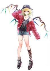 Rule 34 | 1girl, aged up, asymmetrical legwear, bandaid, bandaid on leg, belt, black hat, black tank top, blonde hair, boots, casual, chain, chain necklace, commentary request, crystal, denim, denim shorts, flandre scarlet, full body, hat, highres, jacket, jewelry, kishida mel, kneehighs, leather, leather jacket, looking at viewer, loose socks, medium hair, mismatched legwear, necklace, red eyes, red jacket, shoes, shorts, sleeves past fingers, sleeves past wrists, sneakers, socks, solo, tank top, touhou, white background, wings