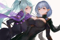 Rule 34 | 2girls, absurdres, beta (kage no jitsuryokusha ni naritakute!), black cape, black gloves, blue eyes, blue hair, braid, breasts, cape, cleavage, commentary request, dress, elf, epsilon (kage no jitsuryokusha ni naritakute!), gloves, green hair, grey background, highres, kage no jitsuryokusha ni naritakute!, large breasts, long hair, long sleeves, looking at viewer, mole, mole under eye, multiple girls, pointy ears, purple eyes, purple scarf, scarf, simple background, single braid, taino kou, twintails, white dress