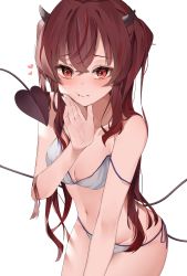 Rule 34 | 1girl, :t, absurdres, awaki224, bare shoulders, blush, breasts, brown hair, cleavage, demon tail, hand up, heart, highres, horns, long hair, looking at viewer, medium breasts, navel, original, red eyes, simple background, solo, strap slip, tail, underwear, white background