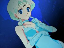 Rule 34 | 1990s (style), 1girl, bare shoulders, beruche (sailor moon), bishoujo senshi sailor moon, bishoujo senshi sailor moon r, blue background, blue eyes, blue gloves, braid, braided bangs, building, choker, city, comadori717, crescent, crescent facial mark, crescent moon, dutch angle, earrings, elbow gloves, facial mark, finger to mouth, forehead mark, gloves, jewelry, leotard, lipstick, long hair, makeup, moon, night, night sky, photo background, retro artstyle, sky, smile, solo, upper body, white hair