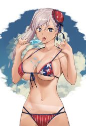 Rule 34 | 1girl, american flag bikini, american flag print, asymmetrical hair, bikini, blue eyes, breasts, bun cover, cleavage, day, fate/grand order, fate (series), flag print, food, food in mouth, grey hair, hair bun, highres, holding, holding food, j@ck, large breasts, long hair, melting, miyamoto musashi (fate), miyamoto musashi (fate/grand order), miyamoto musashi (swimsuit berserker) (fate), miyamoto musashi (swimsuit berserker) (second ascension) (fate), navel, popsicle, print bikini, single hair bun, single hair intake, solo, strap pull, swept bangs, swimsuit, tan, tanline, tongue, underboob