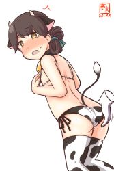 Rule 34 | 1girl, alternate costume, anal tail, animal ears, animal print, artist logo, ass, ass grab, bell, bikini, blue ribbon, blush, brown eyes, brown hair, butt plug, commentary request, cow ears, cow horns, cow print, cow tail, cowbell, cowboy shot, dated, disembodied hand, fake animal ears, fake horns, fake tail, folded ponytail, hair ribbon, highres, horns, kanon (kurogane knights), kantai collection, kasuga maru (kancolle), long hair, nose blush, one-hour drawing challenge, ribbon, side-tie bikini bottom, solo, swept bangs, swimsuit, tail, thighhighs, white background, white bikini, white thighhighs
