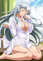 Rule 34 | 1girl, bare legs, barefoot, breasts, chouun shiryuu, cleavage, closed eyes, closed mouth, collarbone, collared shirt, dress shirt, floating hair, grey hair, head tilt, ikkitousen, large breasts, long hair, naked shirt, partially unbuttoned, shiny skin, shirt, sitting, solo, straight hair, very long hair, wariza, white shirt, wing collar