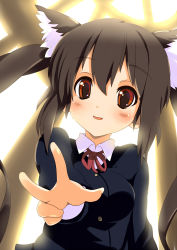 Rule 34 | 1girl, animal ears, black hair, brown eyes, cat ears, cat girl, female focus, foreshortening, gradient background, k-on!, long hair, nakano azusa, neck ribbon, outstretched arm, outstretched hand, reaching, red ribbon, ribbon, school uniform, solo, sora to umi, twintails, v