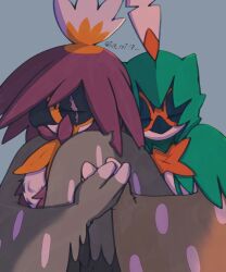 Rule 34 | affectionate, animal focus, bird, blue background, closed eyes, closed mouth, creatures (company), cuddling, damaged, decidueye, feather hair, frilled pillow, frills, game freak, gen 7 pokemon, heads together, hisuian decidueye, holding hands, hug, hug from behind, leaning on person, long eyelashes, nintendo, no humans, nuzzle, owl, pillow, pokemon, pokemon (creature), scar, simple background, smile, turning head, twitter username, zeyn5483