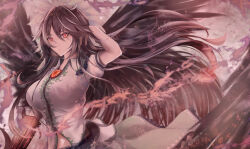Rule 34 | 1girl, arm at side, arm cannon, arm up, black hair, black wings, breasts, buttons, closed mouth, expressionless, floating hair, large breasts, long hair, looking at viewer, navel, niradama (nira2ratama), no hair bow, no hair ornament, puffy short sleeves, puffy sleeves, red eyes, reiuji utsuho, shirt, short sleeves, skirt, solo, taut clothes, taut shirt, touhou, upper body, very long hair, weapon, wings