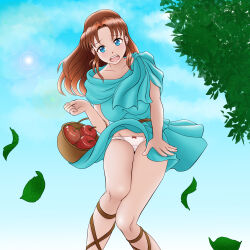 Rule 34 | 1girl, ancient ys vanished, apple, bad tag, basket, blue dress, blue eyes, blush, bow, bow panties, brown hair, day, dress, eyebrows, female, food, fruit, leaf, lilia (ys), long hair, looking at viewer, open mouth, outdoors, panties, pantyshot, skirt, sky, solo, thick thighs, thighs, underwear, white panties, white underwear, wind, wind lift, ys