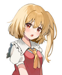 Rule 34 | 1girl, ascot, banned artist, blonde hair, blush, breasts, brown hair, collared shirt, fang, flandre scarlet, frills, hair between eyes, light brown hair, looking at viewer, medium breasts, no headwear, one side up, open mouth, puffy short sleeves, puffy sleeves, red eyes, red vest, shirt, short hair, short sleeves, simple background, solo, tongue, touhou, upper body, vest, white background, white shirt, yellow ascot, yuuka nonoko