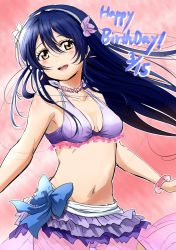 Rule 34 | 1girl, bikini, bikini skirt, blue hair, blush, bracelet, commentary request, cowboy shot, dated, earrings, flower, frilled bikini, frills, hair between eyes, happy birthday, hibiscus, highres, jewelry, long hair, looking at viewer, love live!, love live! school idol project, natsuiro egao de 1 2 jump!, necklace, open mouth, ribbon, shogo (4274732), simple background, smile, solo, sonoda umi, swimsuit, yellow eyes