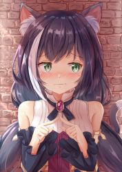 Rule 34 | 1girl, animal ear fluff, animal ears, bare shoulders, blush, bodice, brick wall, brooch, cat ears, cat girl, cat tail, closed mouth, commentary request, detached sleeves, facing viewer, green eyes, highres, i tamima, index fingers together, jewelry, karyl (princess connect!), long hair, long sleeves, looking to the side, nose blush, princess connect!, purple hair, shirt, solo, tail, upper body, very long hair, white hair, white shirt