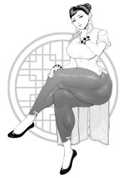 Rule 34 | 1girl, absurdres, bracelet, breasts, capcom, chun-li, crossed legs, double bun, dress, flats, hair bun, hair pulled back, highres, jewelry, large breasts, leggings, monochrome, muscular, muscular female, muscular legs, shionogame, short sleeves, simple background, sitting, smile, street fighter, street fighter 6, thick thighs, thighs