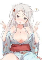 Rule 34 | 1girl, ?, alchera, blush, breasts, cleavage, conte di cavour (kancolle), double v, grey eyes, japanese clothes, kantai collection, kimono, large breasts, long hair, long sleeves, looking at viewer, open clothes, open kimono, open mouth, sash, silver hair, simple background, sitting, solo, spoken question mark, twintails, two side up, v, white background, wide sleeves, yukata