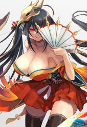 Rule 34 | 1girl, :q, ahoge, anchor symbol, azur lane, bare shoulders, black hair, black thighhighs, blush, breasts, cleavage, collarbone, commentary request, feathers, floating hair, folding fan, gold trim, grey background, hair between eyes, hair ornament, hair ribbon, hand fan, highres, holding, holding fan, huge breasts, japanese clothes, kimono, large breasts, long hair, looking at viewer, mask, mask on head, obi, one eye covered, red eyes, red kimono, ribbon, sash, short kimono, short yukata, sidelocks, simple background, smile, solo, taihou (azur lane), tassel, thighhighs, tongue, tongue out, twintails, very long hair, wide sleeves, yukata, yuko (uc yuk)