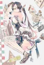 Rule 34 | 1girl, armpits, arms up, bottle, brown hair, computer, dutch angle, food, glasses, laptop, locadol promotion, long hair, looking at viewer, lying, niconico, on back, on floor, panties, pizza, pizza box, solo, tazuma (u283), thighhighs, u283, underwear
