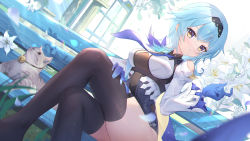 Rule 34 | 1girl, absurdres, animal, bench, black thighhighs, blue gloves, blue hair, blue necktie, blush, breasts, cat, clothing cutout, commentary request, crossed legs, day, eula (genshin impact), feet out of frame, flower, genshin impact, gloves, gradient eyes, hairband, hand on own thigh, highres, leotard, long hair, long sleeves, looking at viewer, medium breasts, multicolored eyes, necktie, on bench, outdoors, purple eyes, shoulder cutout, sitting, solo, somna, thighhighs, white flower, yellow eyes