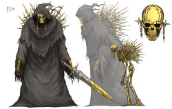 Rule 34 | 1boy, bandages, bone, carapace, chain, cloak, corpse, cross, earrings, from side, holding, holding sword, holding weapon, hood, hooded cloak, jewelry, kankan33333, looking at viewer, male focus, multiple swords, multiple weapons, original, oversized clothes, ribs, simple background, skeleton, skull, solo, stab, sword, torn cloak, torn clothes, undead, weapon, white background