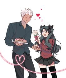 Rule 34 | 1boy, 1girl, archer (fate), bad id, bad twitter id, commentary request, fate/stay night, fate (series), flower, food, heart, highres, holding hands, one eye closed, pasties, pastry, redmin 0415, ribbon, short hair, simple background, smile, thighhighs, tohsaka rin, twintails, white background, white flower, white hair