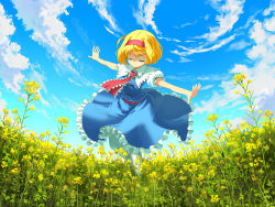 Rule 34 | 1girl, alice margatroid, bad id, bad pixiv id, blonde hair, blue sky, capelet, closed eyes, cloud, day, field, flower, flower field, frilled skirt, frills, hairband, head tilt, naox, outdoors, outstretched arms, pantyhose, puffy short sleeves, puffy sleeves, ribbon, short hair, short sleeves, skirt, sky, smile, solo, spread arms, touhou, white pantyhose, wind