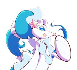 Rule 34 | :d, artsy-rc, blue eyes, covering own mouth, creatures (company), fang, from side, game freak, gen 7 pokemon, halftone, hand over own mouth, hand up, highres, nintendo, no humans, open mouth, pokemon, pokemon (creature), primarina, profile, signature, simple background, skin fang, smile, solo, upper body, white background