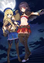 Rule 34 | 10s, 2girls, :d, black hair, black legwear, blonde hair, blue eyes, boots, braid, breasts, brown footwear, capelet, cross-laced footwear, eyepatch, full moon, hat, iris (konosuba), kono subarashii sekai ni shukufuku wo!, lace-up boots, leather, leather boots, long hair, looking at viewer, megumin, midriff, mishima kurone, moon, multiple girls, navel, night, official art, open mouth, pantyhose, red eyes, rooftop, short hair, single braid, sky, small breasts, smile, stairs, star (sky), starry sky, thigh boots, thighhighs, zettai ryouiki