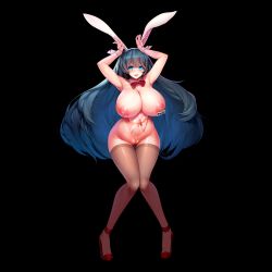 Rule 34 | 1girl, animal ears, aqua eyes, areola slip, armpits, arms up, black background, black hair, black thighhighs, blue eyes, blue hair, blush, breasts, character request, cleft of venus, curvy, detached collar, fake animal ears, feet, female focus, full body, groin, high heels, highleg, highres, huge breasts, last origin, legs, leotard, long hair, looking at viewer, nipple piercing, nipple tag, nipples, open mouth, piercing, pigeon-toed, playboy bunny, puffy nipples, pussy, rabbit ears, red footwear, shiny clothes, shoes, simple background, sleeveless, smile, snowball22, solo, standing, strapless, thigh gap, thighhighs, thighs, third-party edit, uncensored, white background, wide hips, wrist cuffs, zipper