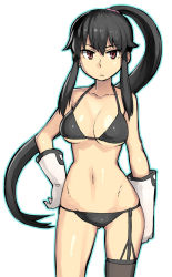 Rule 34 | 10s, 1girl, bikini, black bikini, black hair, black thighhighs, breasts, brown eyes, cleavage, garter straps, gloves, halterneck, hand on own hip, high ponytail, kantai collection, large breasts, long hair, navel, ponytail, shiny skin, sidelocks, simple background, single thighhigh, solo, standing, string bikini, swimsuit, thighhighs, very long hair, white background, white gloves, yahagi (kancolle), yu 65026