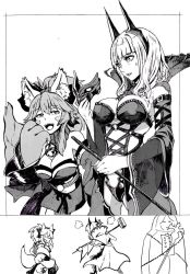 Rule 34 | 2girls, angry, animal ears, bad id, bad twitter id, bare shoulders, bell, blush, bondage outfit, breasts, cape, carmilla (fate), cat ears, cat tail, chain, cleavage, clenched hand, detached sleeves, fate/grand order, fate (series), greyscale, hair ribbon, hammer, horns, iron maiden, jingle bell, large breasts, mask, monochrome, multiple girls, ribbon, syatey, tail, tamamo (fate), tamamo cat (fate), tamamo cat (first ascension) (fate), tamamo no mae (fate/extra), thighhighs, whip