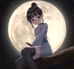 Rule 34 | 1girl, black hair, black thighhighs, branch, closed mouth, commentary request, feet out of frame, from below, hair bun, hair ornament, hair stick, hanavvi, highres, japanese clothes, kimono, kunoichi tsubaki no mune no uchi, long sleeves, looking at viewer, mokuren (kunoichi tsubaki no mune no uchi), moon, night, night sky, ninja, sash, short hair, single hair bun, sitting, sky, smile, solo, star (sky), starry sky, thighhighs