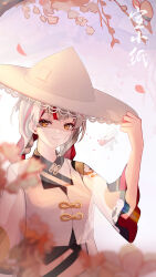 Rule 34 | 1girl, :3, absurdres, adjusting clothes, adjusting headwear, blurry, blurry foreground, braid, branch, chinese text, eyeshadow, falling petals, flower, gradient background, hand up, highres, long hair, long sleeves, looking at viewer, low twin braids, makeup, midriff, mouth veil, multicolored hair, navel, nebula beat, petals, pink background, pink flower, red eyeshadow, red hair, shanchui nan, shirt, solo, twin braids, two-tone hair, upper body, veil, virtual youtuber, weimao, white hair, white shirt, wide sleeves, xuan xiaozhi, yellow eyes, yellow headwear