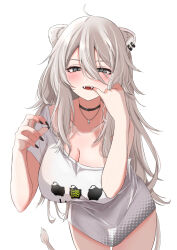 Rule 34 | 1girl, ahoge, animal ears, black choker, black nails, blush, breasts, choker, cleavage, ear piercing, fangs, finger in own mouth, grey eyes, grey hair, hair between eyes, highres, hololive, large breasts, leaning forward, lion ears, lion girl, lion tail, long hair, looking at viewer, nail polish, nerorigogo, piercing, shirt, shishiro botan, shishiro botan (casual), short sleeves, simple background, solo, tail, very long hair, virtual youtuber, white background, white shirt